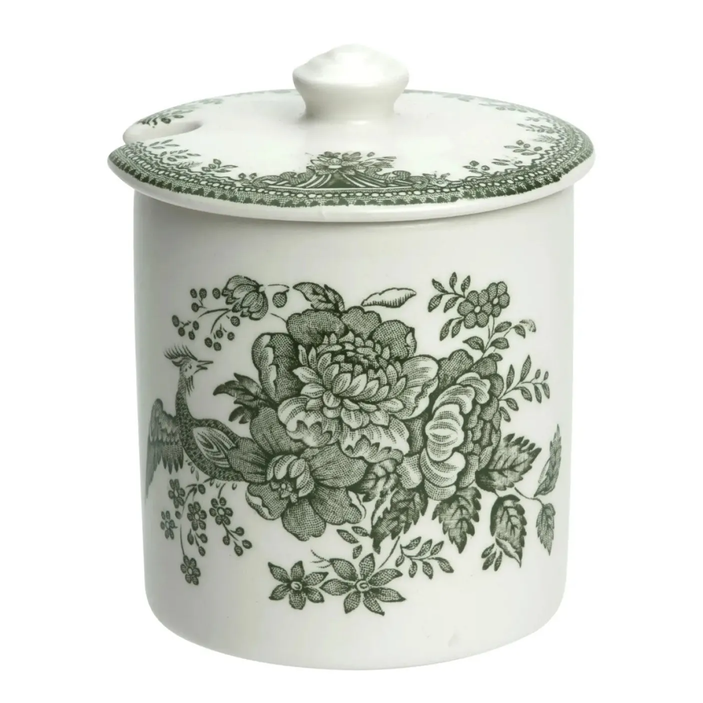 Dark Green Asiatic  Pheasants Covered Jam/Sugar Pot