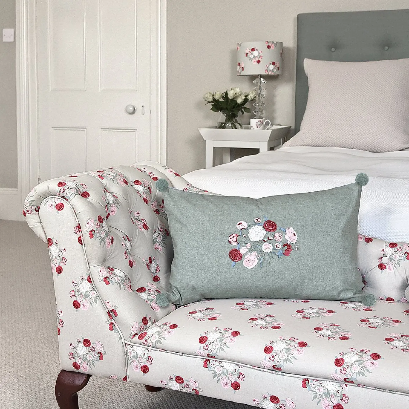 Embroidered Peony Cotton Pillow