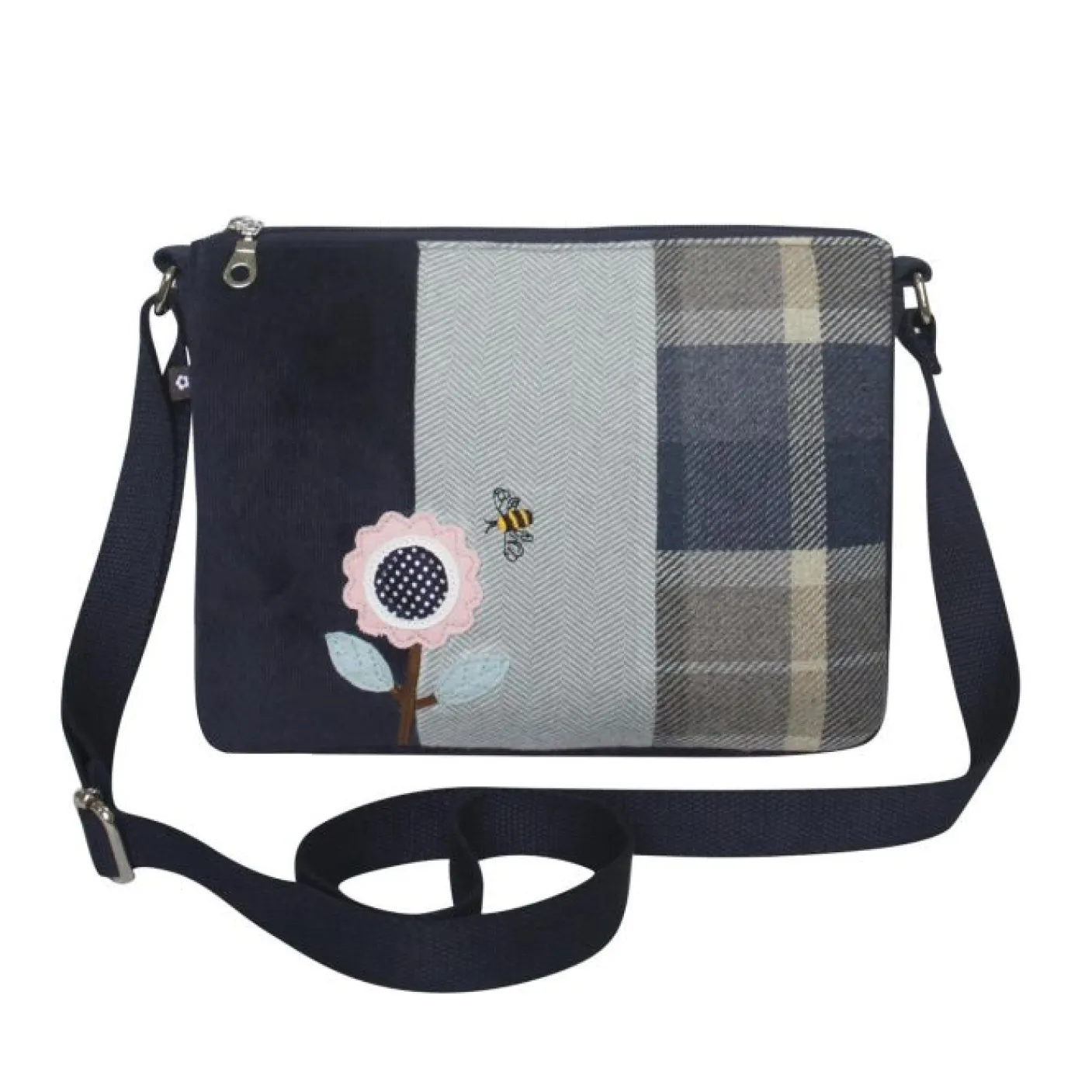 Blue Tweed Applique Pink Sunflower Messenger Bag