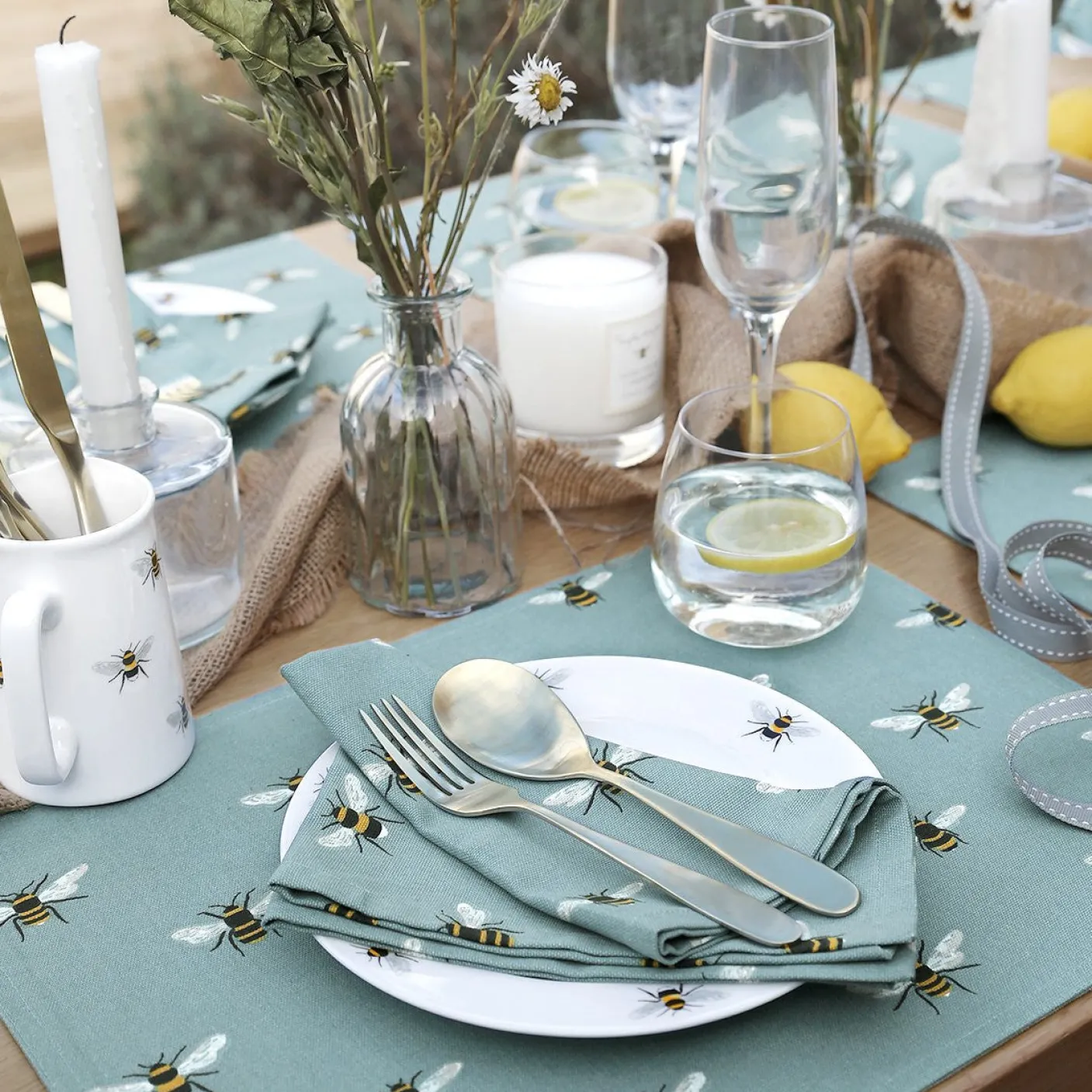 Bees Teal Fabric Placemat - Set of 2