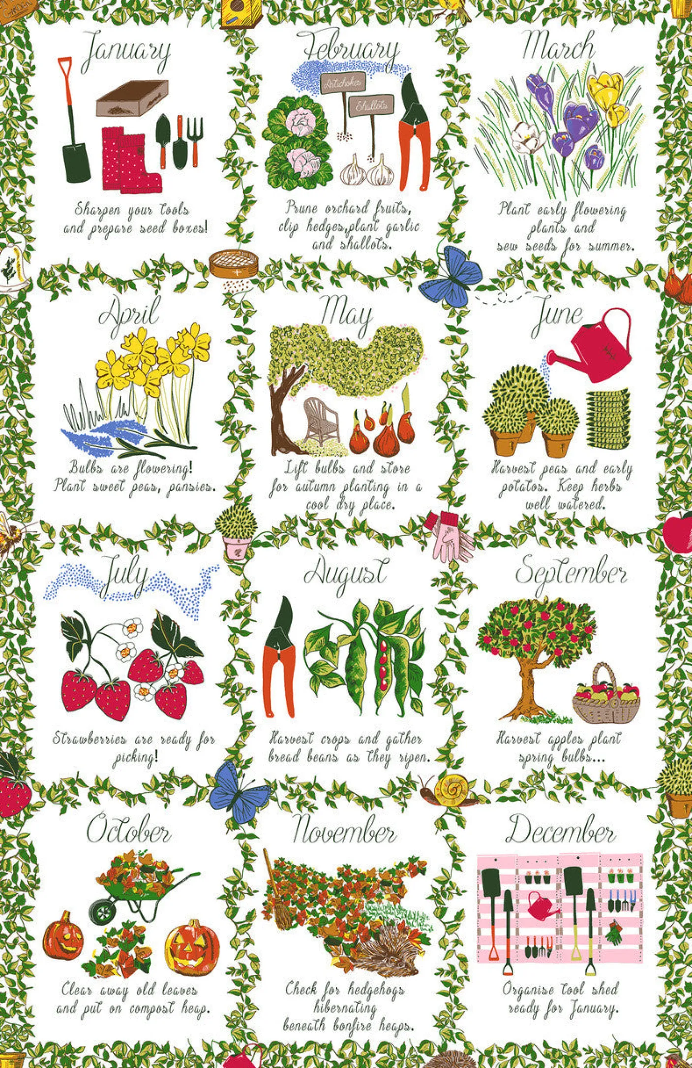 Gardener's Calendar Tea Towel