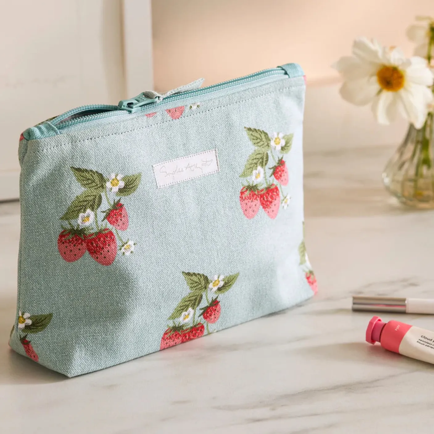 Strawberries Blue Makeup Bag
