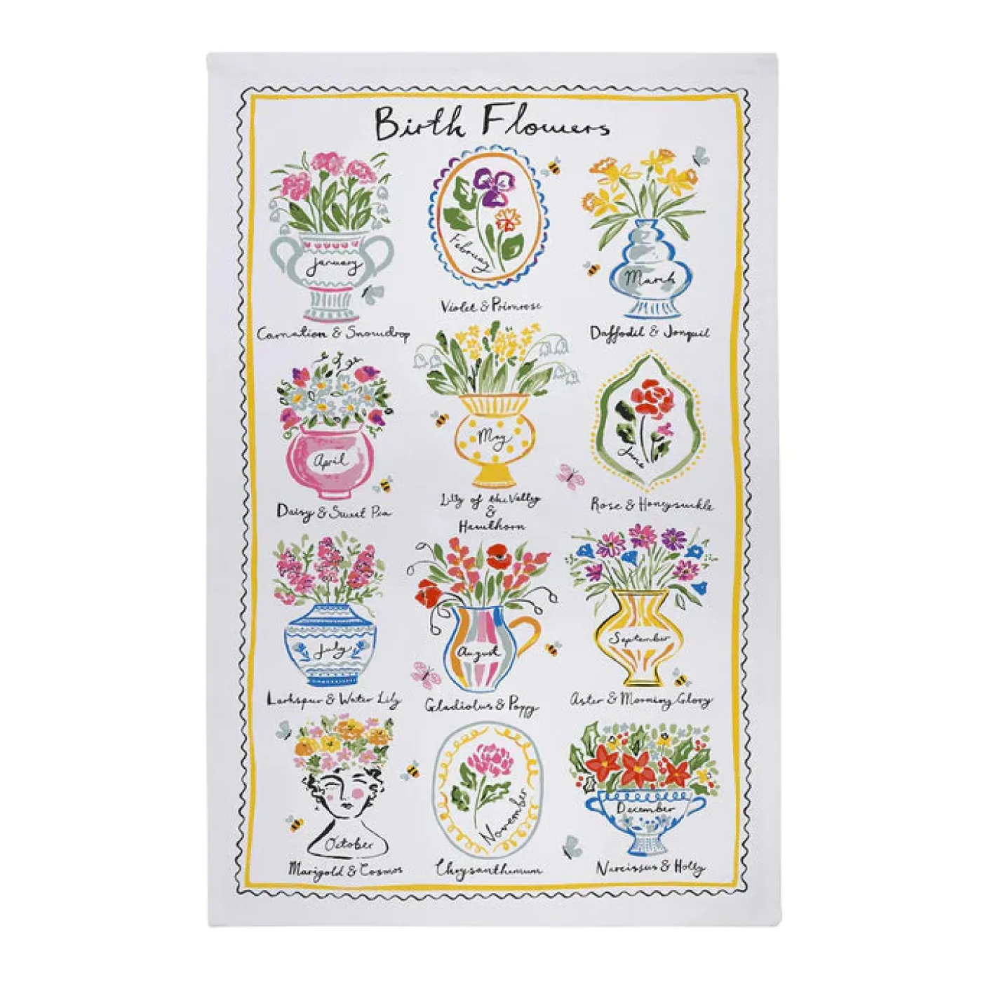 Birth Flowers Tea Cotton Tea Towel