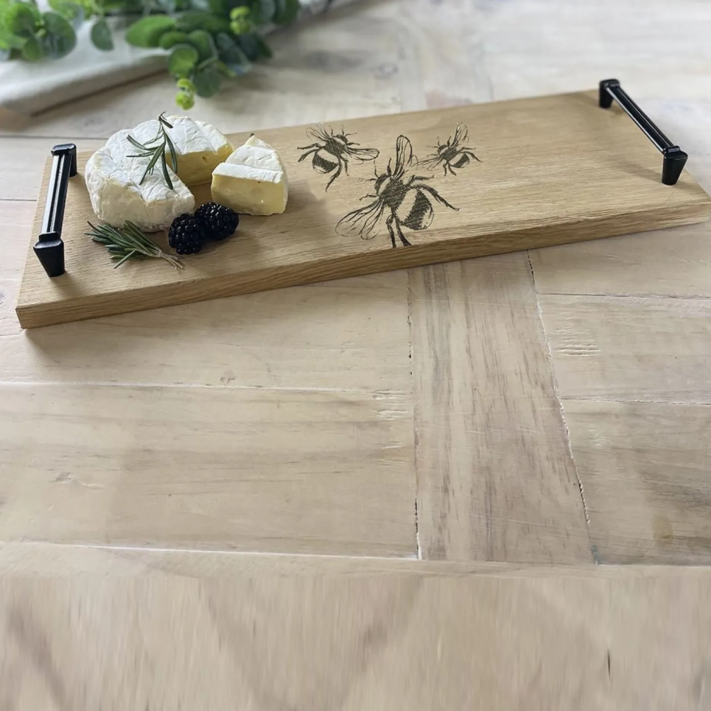 Bee Oak Serving Tray with Burnished Steel Handles