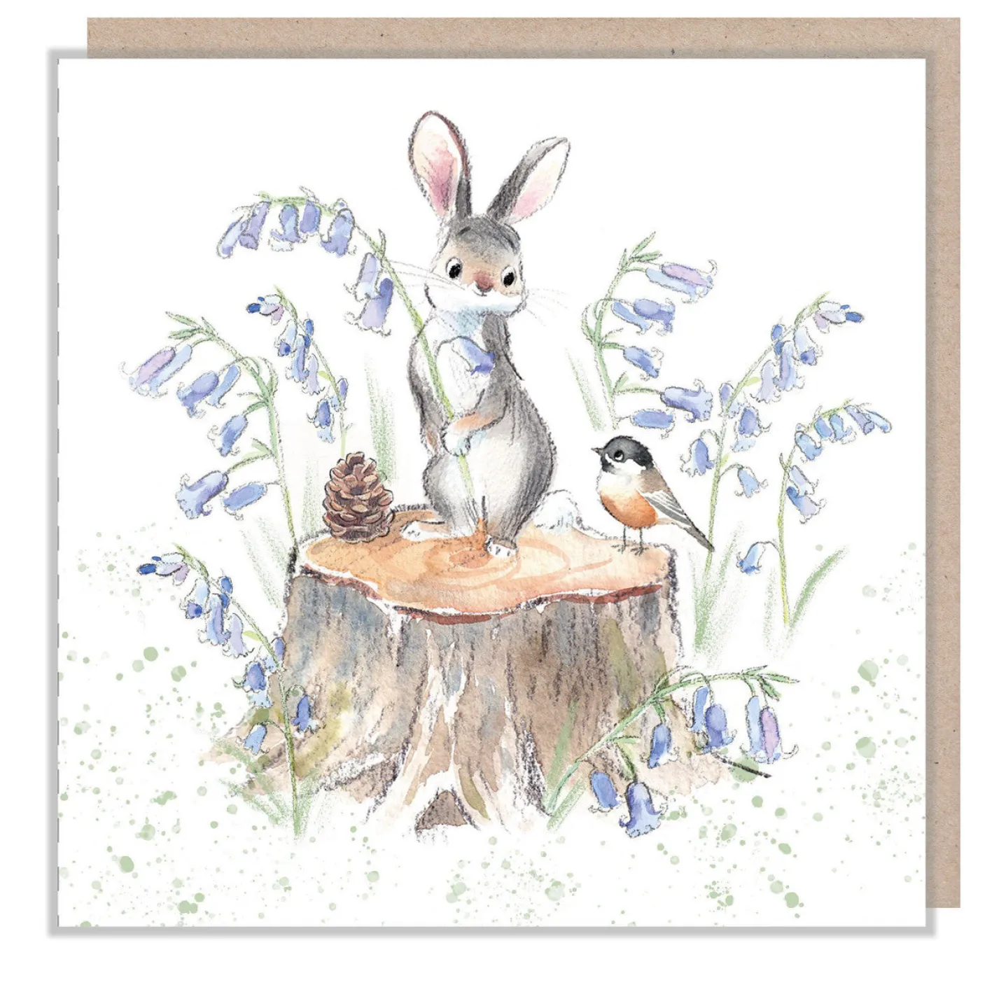 Rabbit on Tree Stump with Bluebells Greetings Card