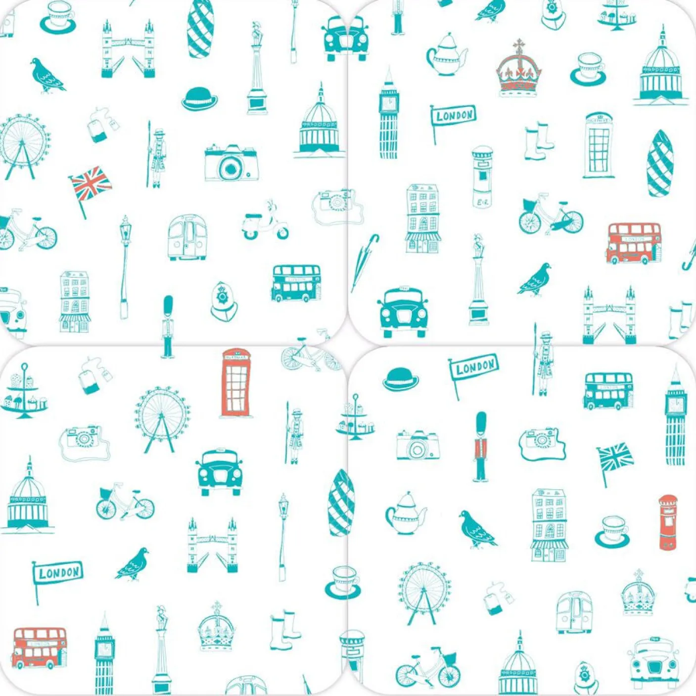 Simply London Coasters Set of 4 - Turquoise & Coral