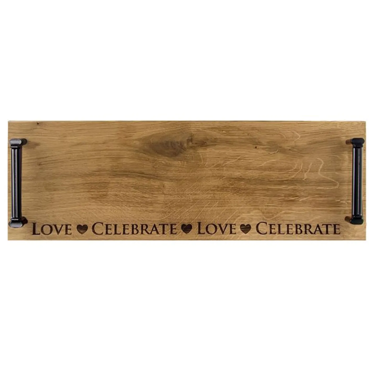 Love & Celebrate Oak Serving Tray with Burnished Steel Handles
