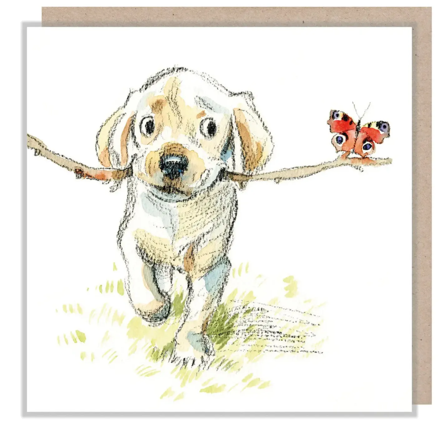 Golden Lab with Stick & Butterfly Greetings Card