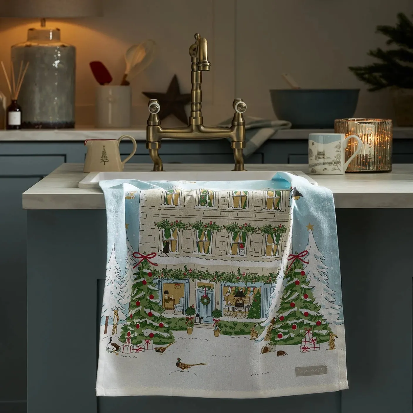 Christmas House Scene Tea Towel