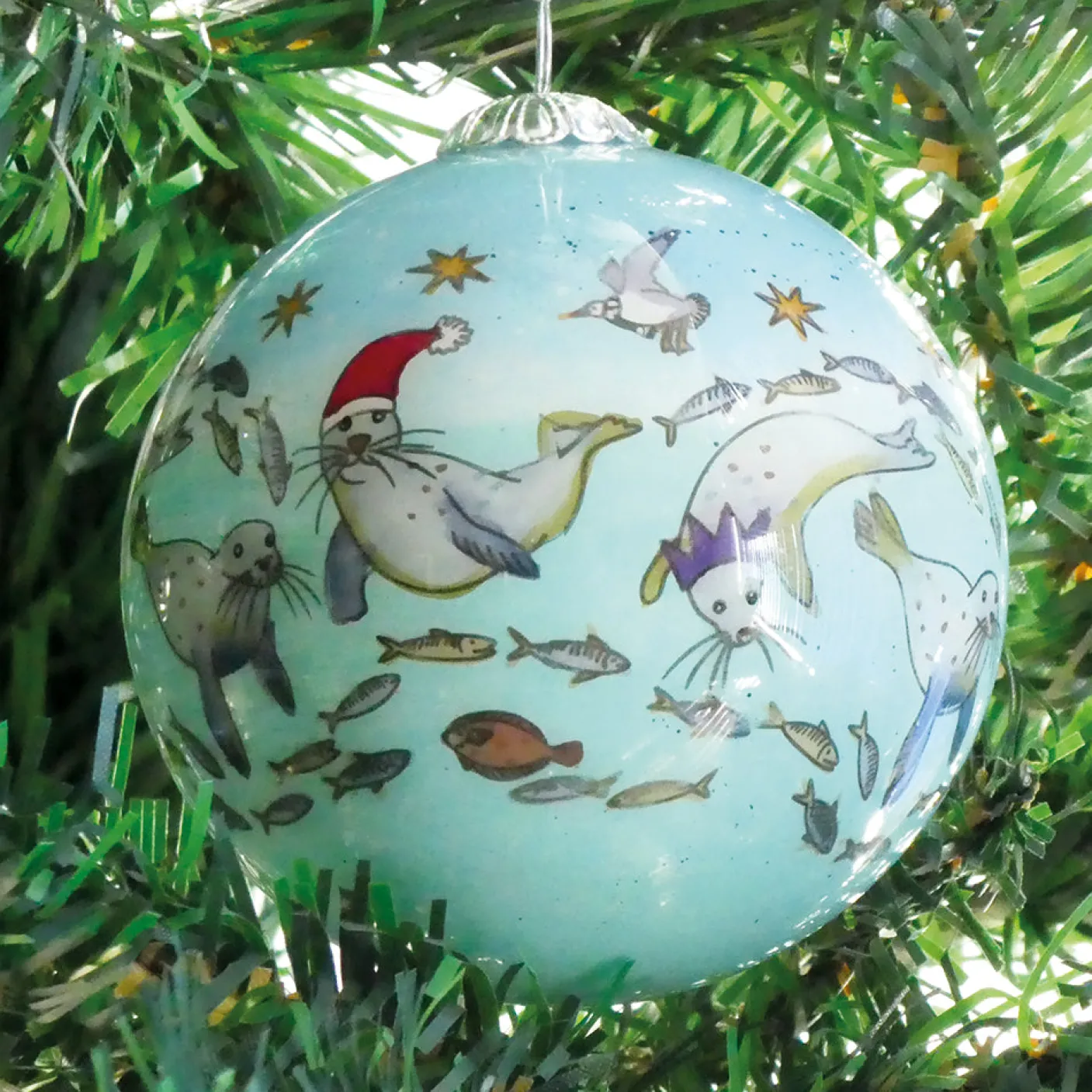 Diving Seals Hand-painted Glass Bauble