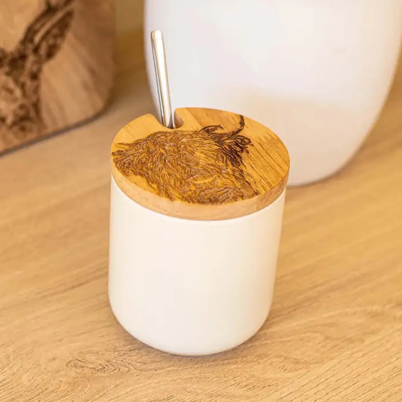 Highland Cow Oak & Ceramic Jar & Spoon Set Dish