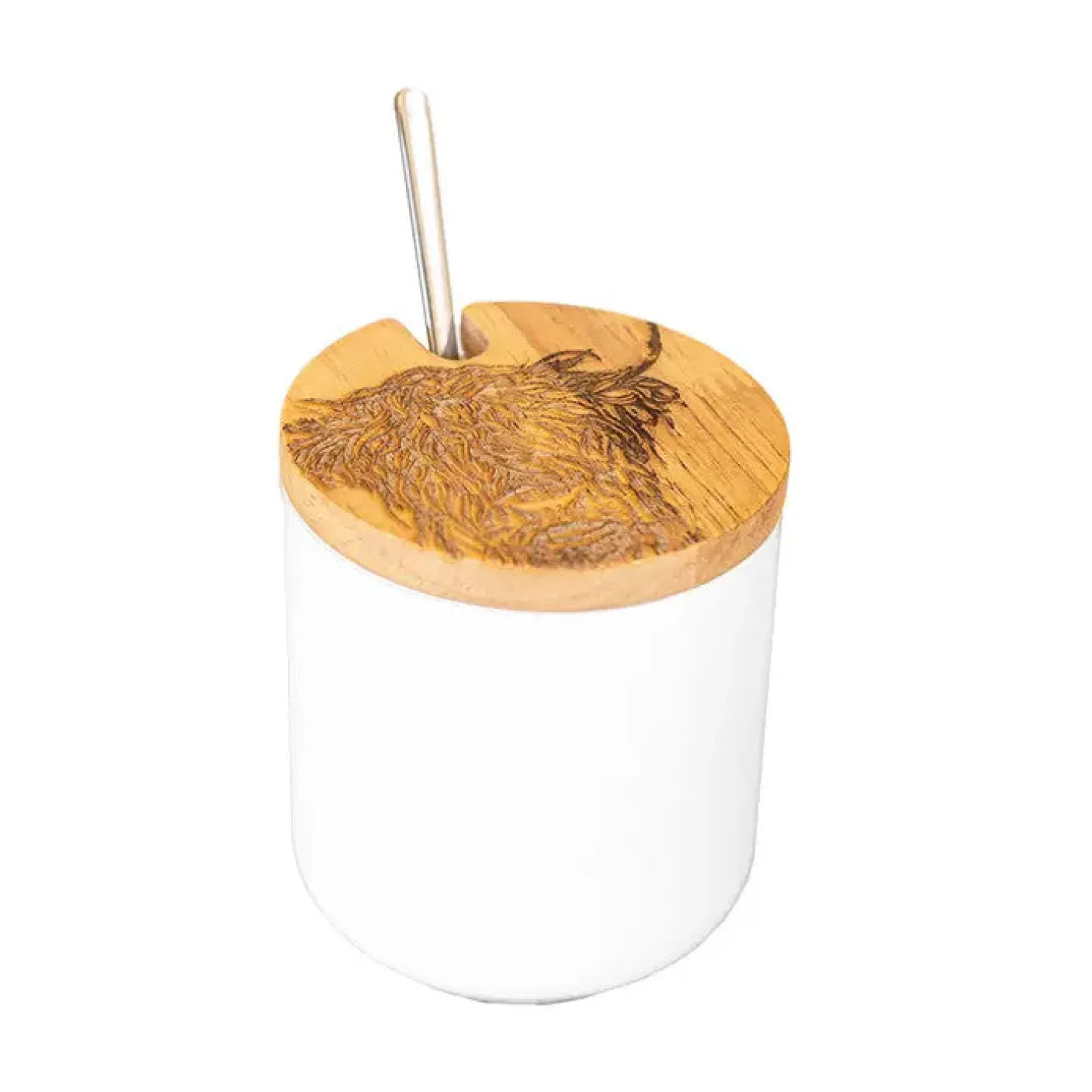 Highland Cow Oak & Ceramic Jar & Spoon Set Dish