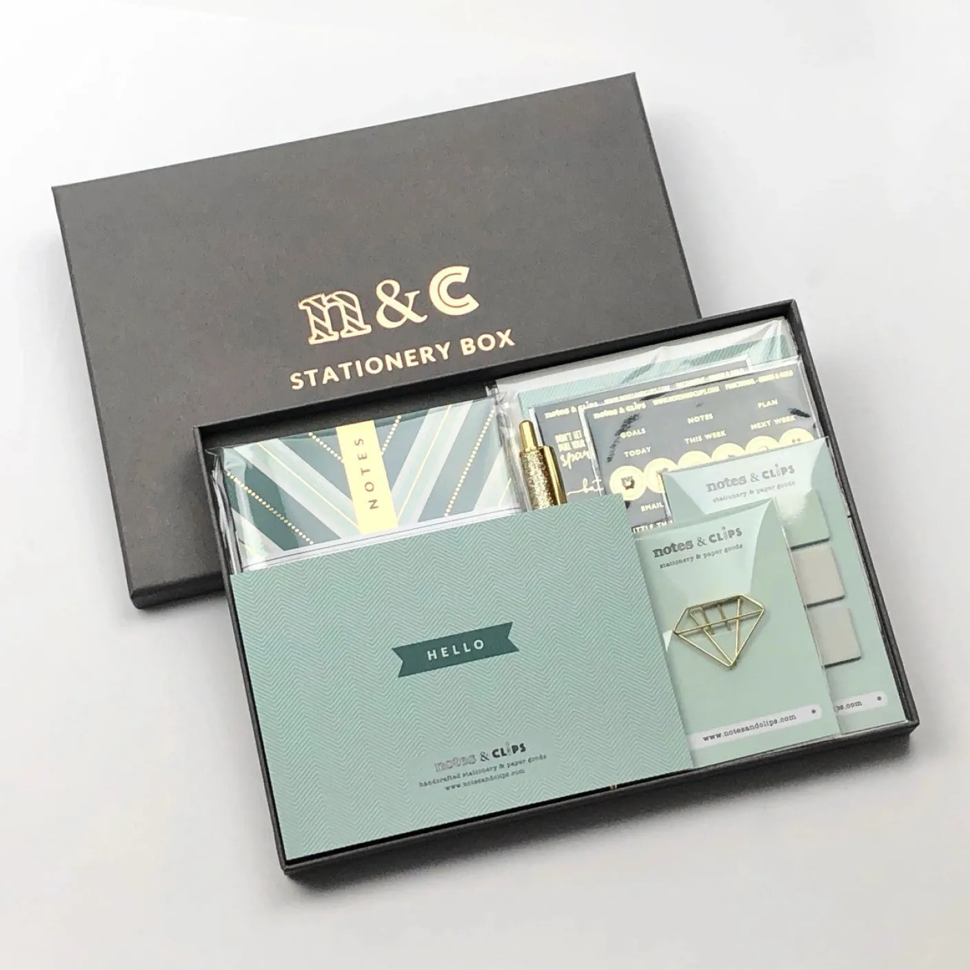 Notes & Clips Green & Gold Stationery Box