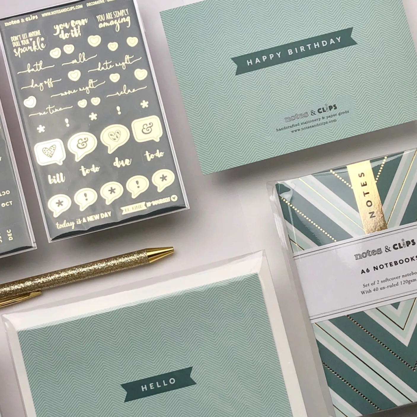 Notes & Clips Green & Gold Stationery Box