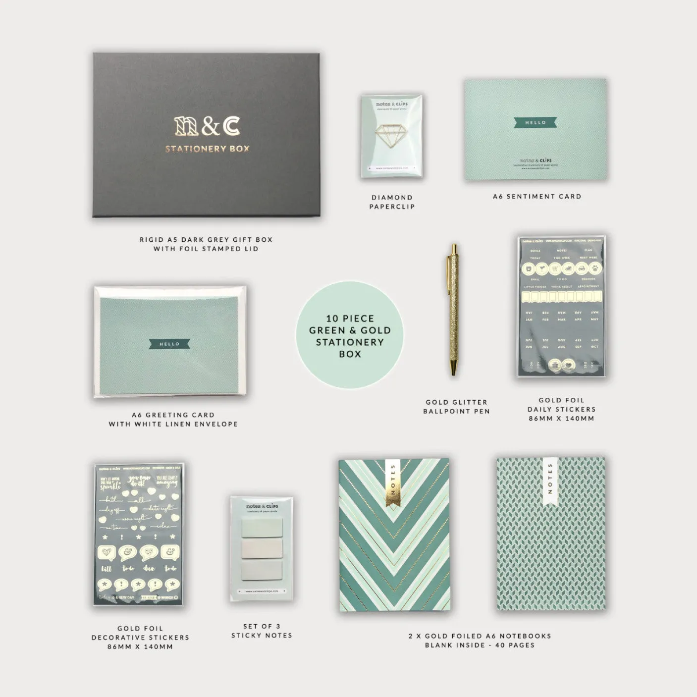 Notes & Clips Green & Gold Stationery Box