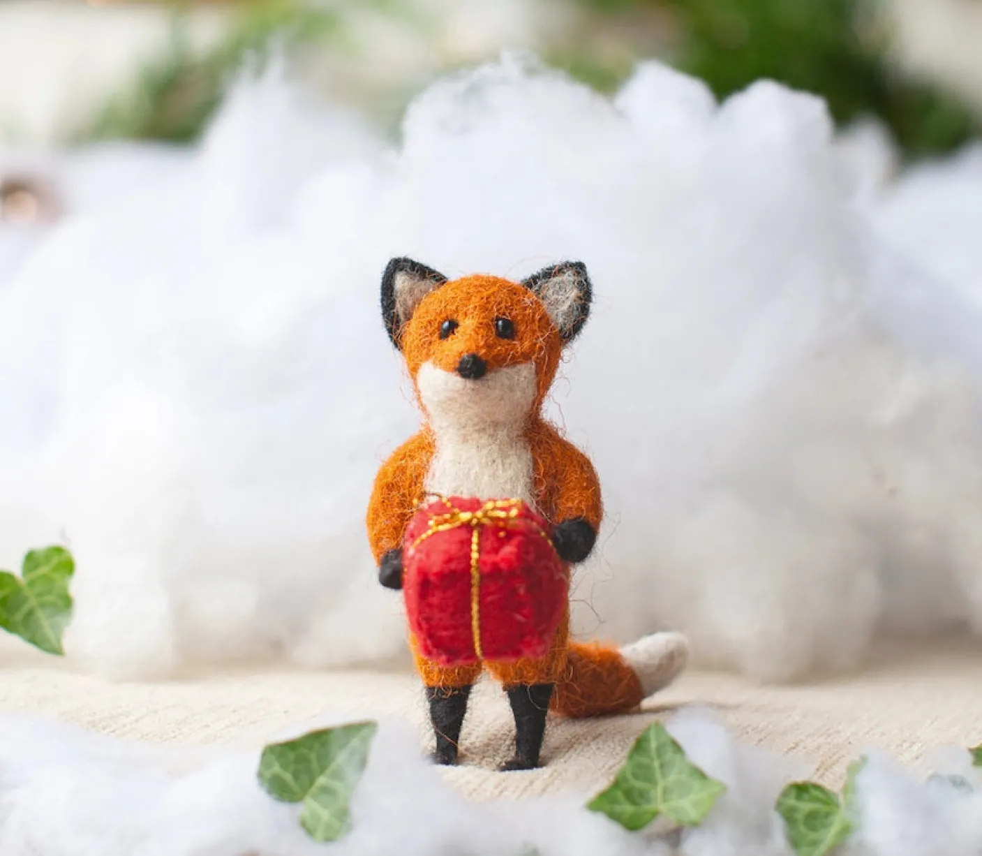Rusty Fox Holding a Present Felt Decoration