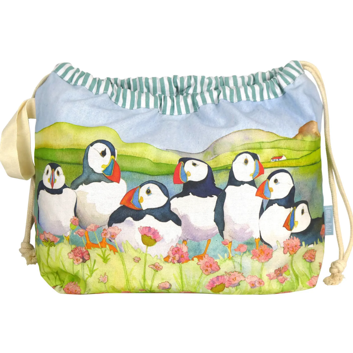 Sea Thrift Puffins Drawstring Cotton Bag