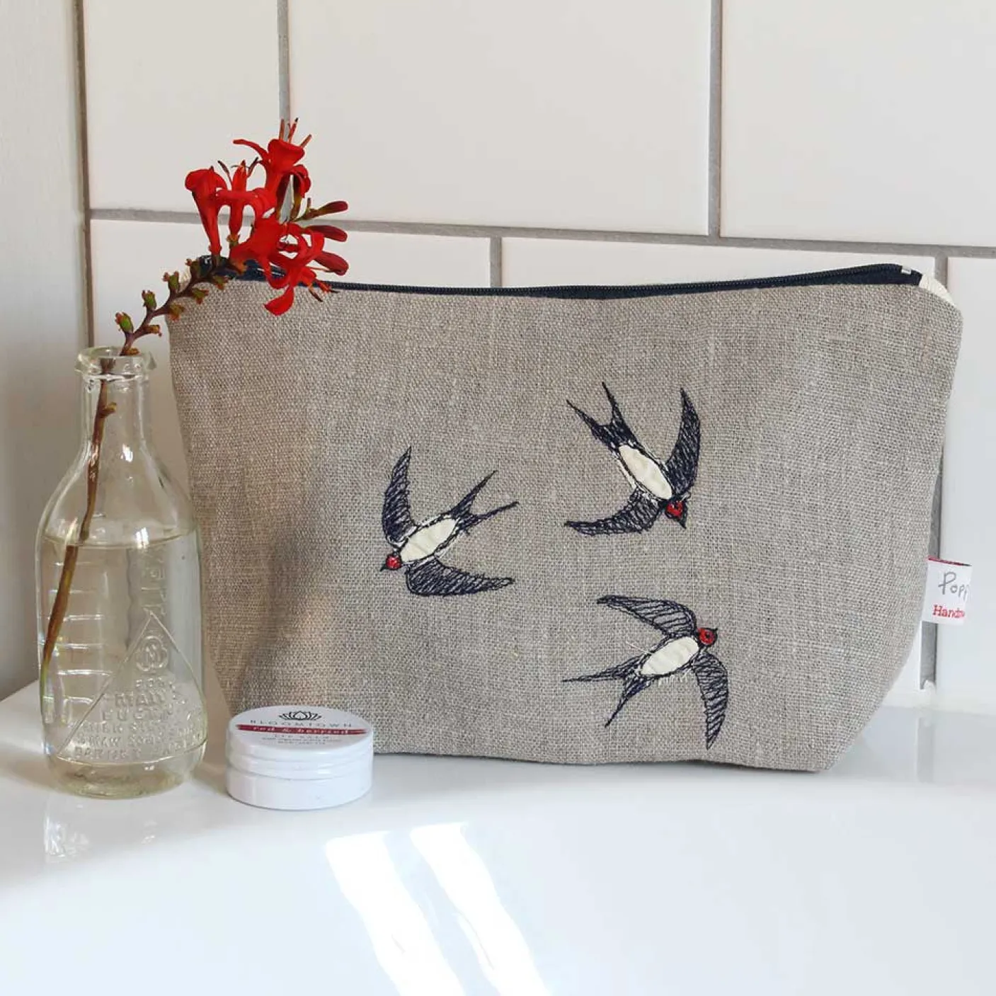 Swallows Embroidered Lined Make Up Bag