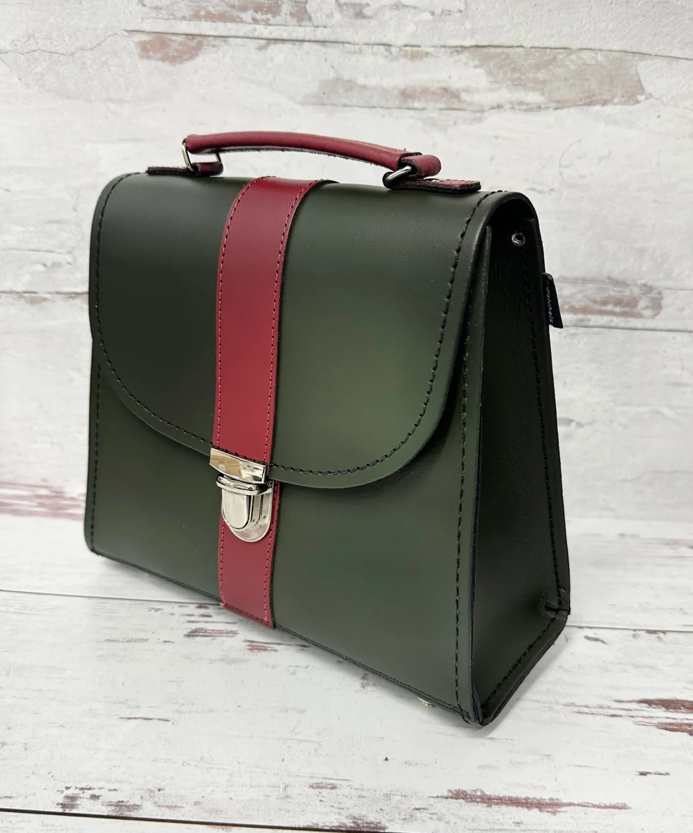 Zatchels Handmade Leather Kensington Handbag -Ivy Green with Oxblood Contrast