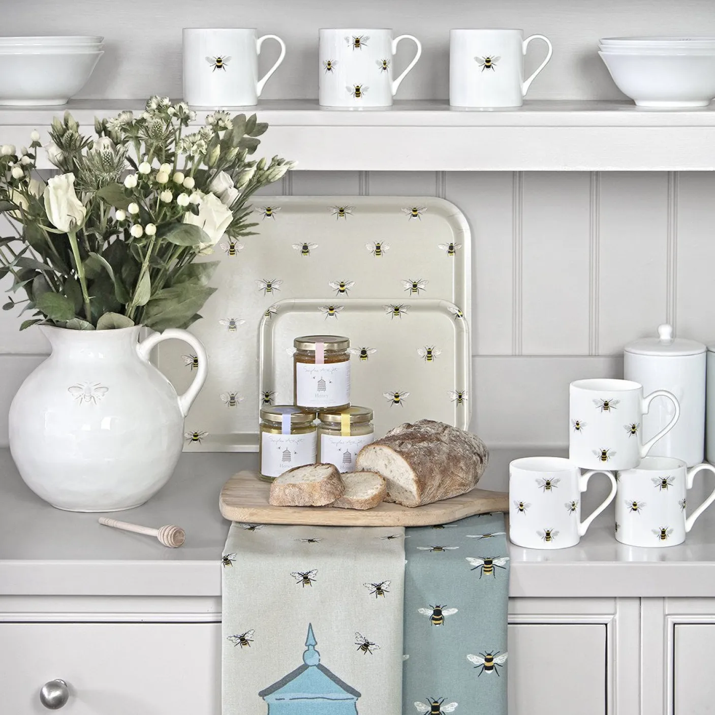 Bees Teal Scene Tea Towel