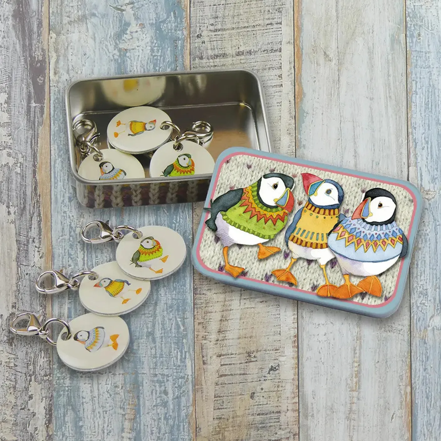 Woolly Puffins Set of 6 Stitch Crochet Markers in a Pocket Tin