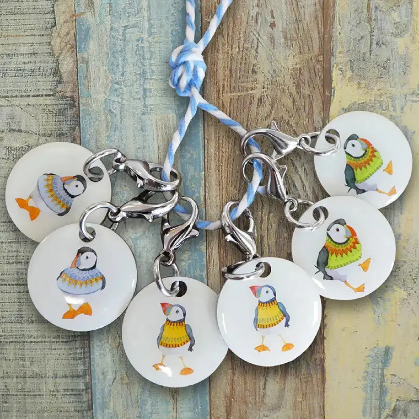 Woolly Puffins Set of 6 Stitch Crochet Markers in a Pocket Tin