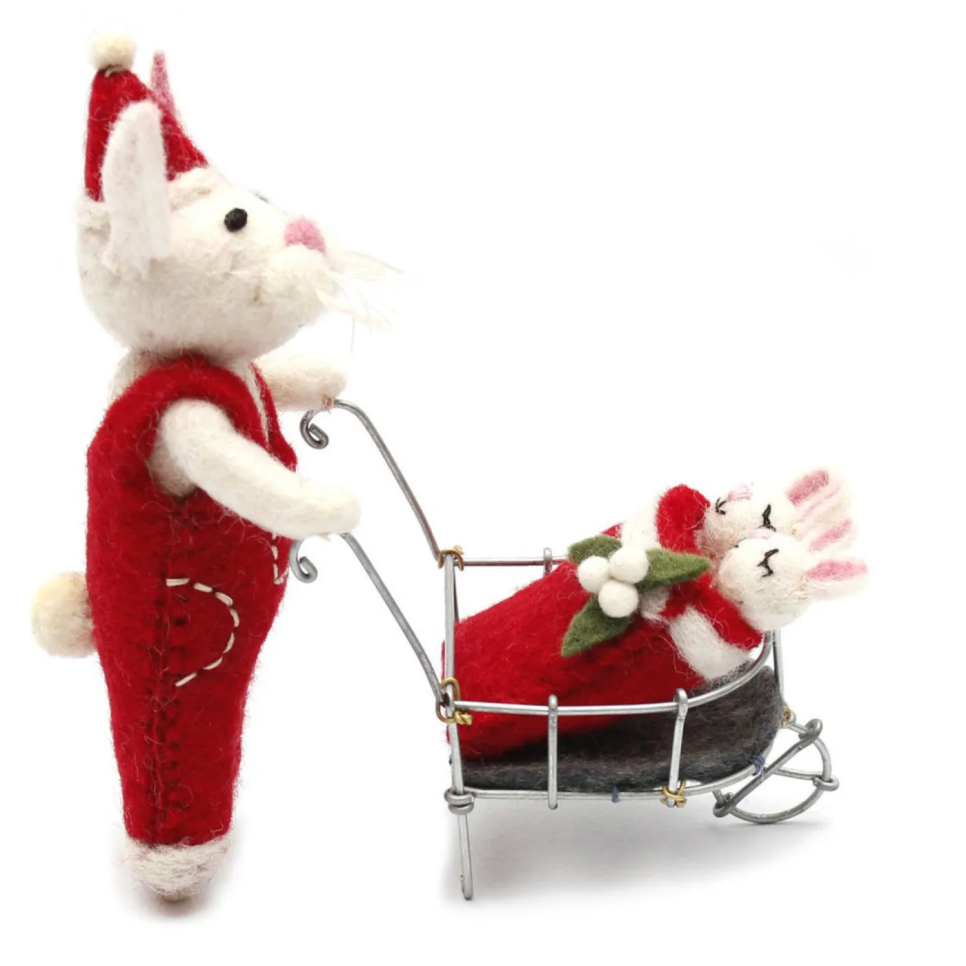 Christmas Bunny with Babies in Wheelbarrow Felt Decoration