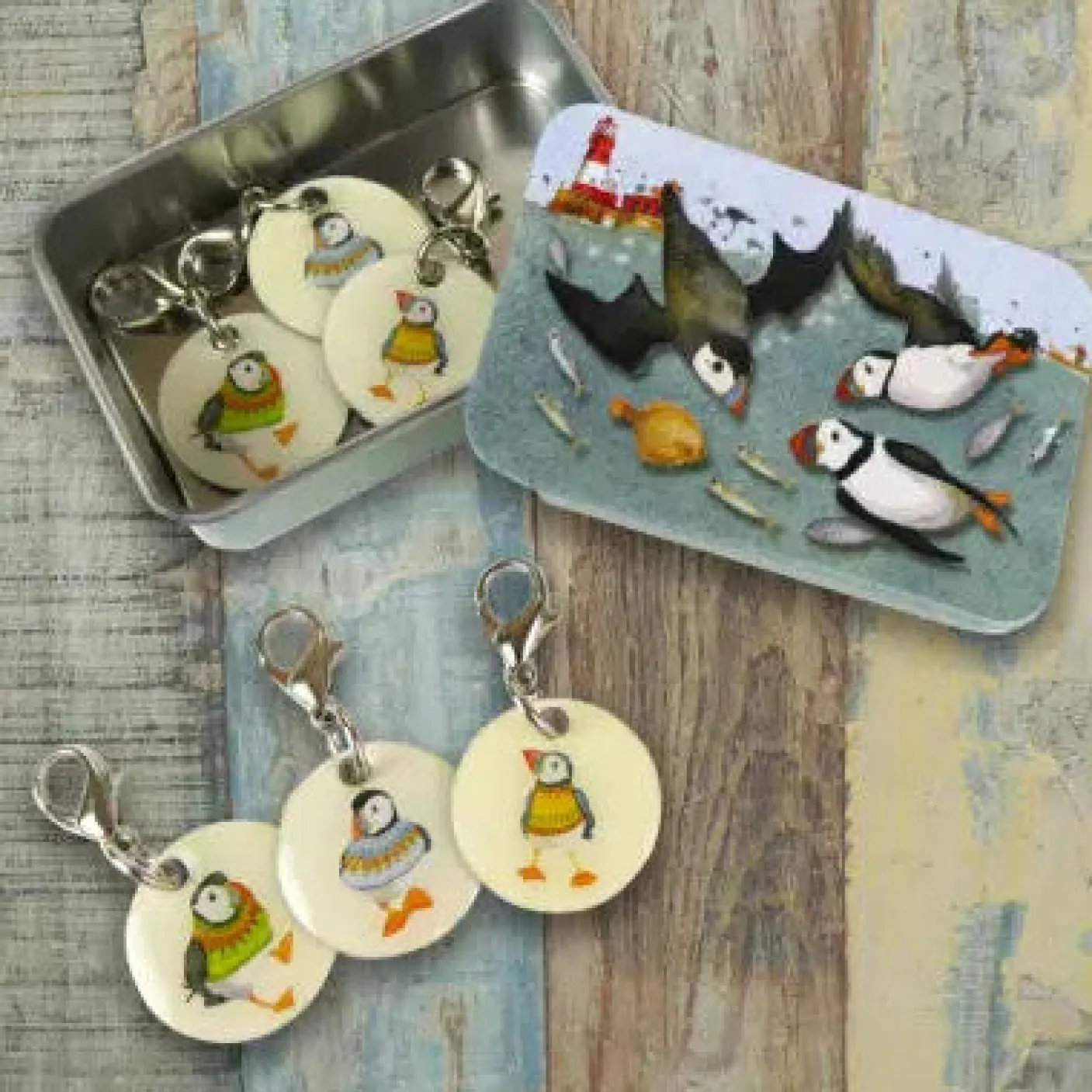 Diving Puffins Set of 6 Stitch Crochet Markers in a Pocket Tin