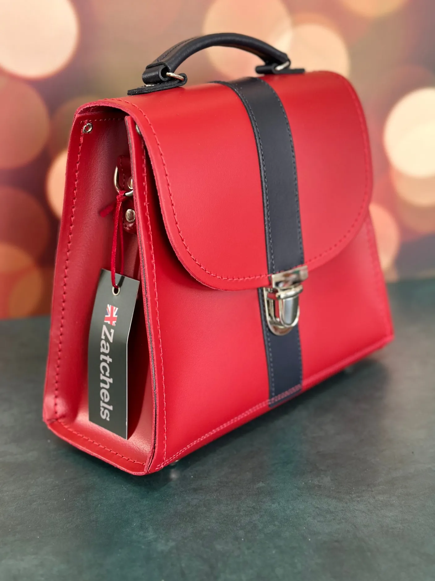 Zatchels Handmade Leather Kensington Handbag - Red with Navy Contrast