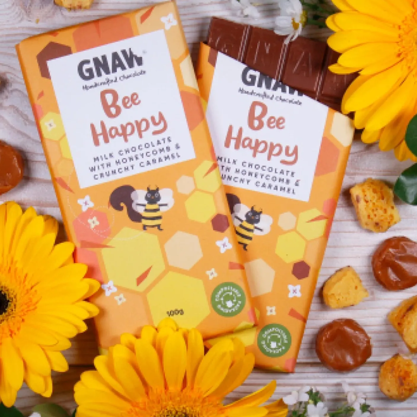 Bee Happy Milk Chocolate with Honeycomb & Crunchy Caramel Chocolate Bar