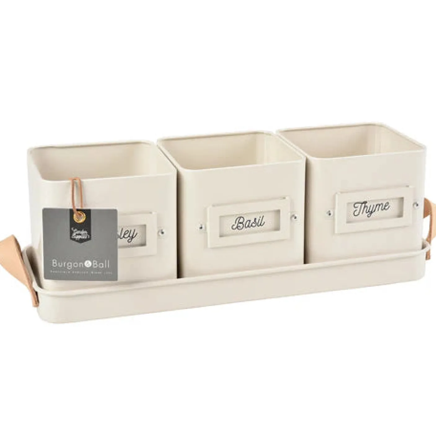 Set of 3 Herb Pots in a Leather Handled Tray - Stone