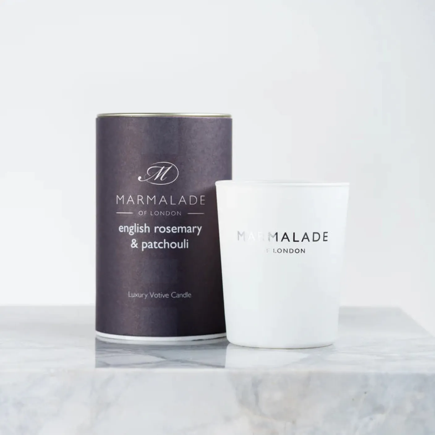 English Rosemary and Patchouli Luxury Glass Votive Candle