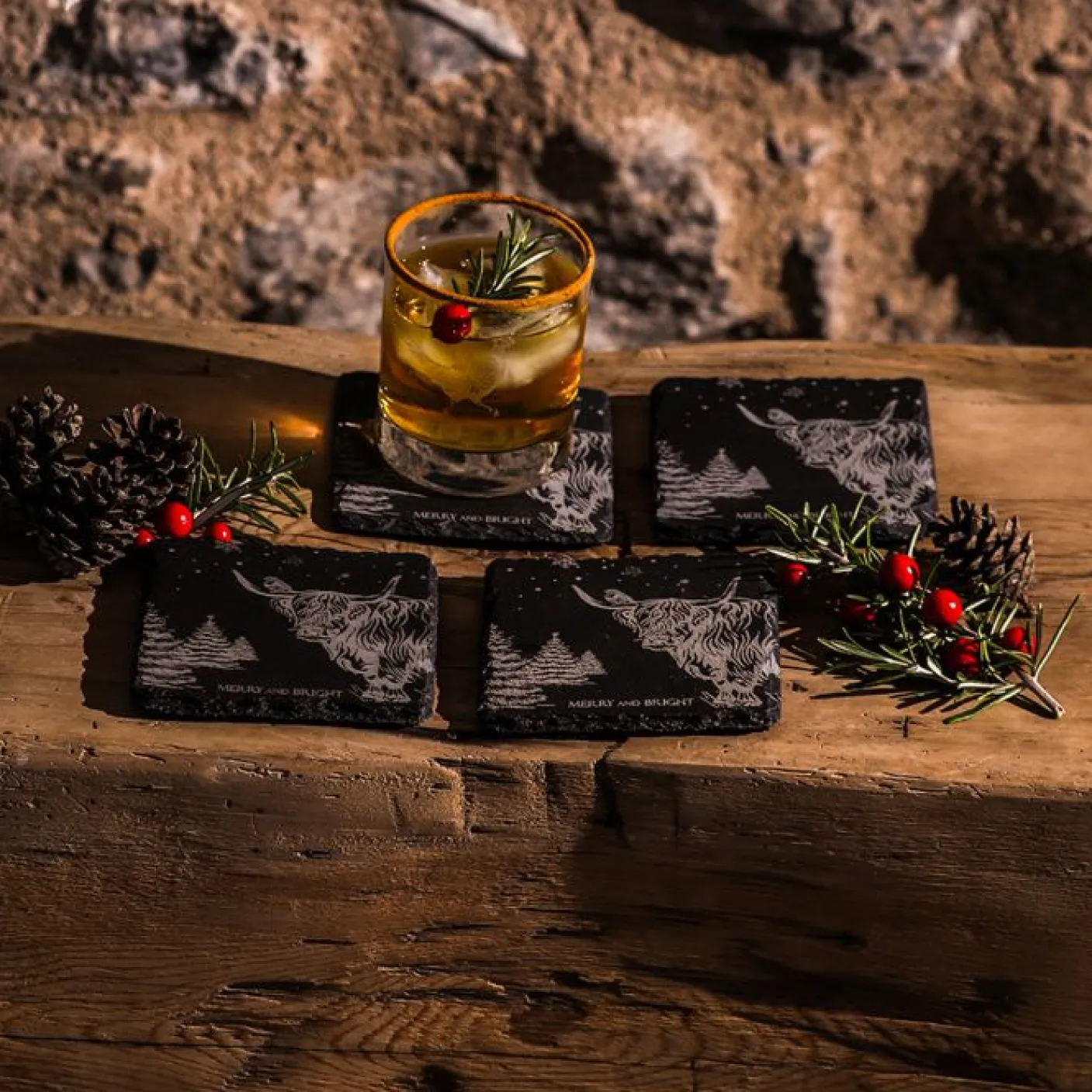 Christmas Highland Cow Slate Coasters- Set of 4