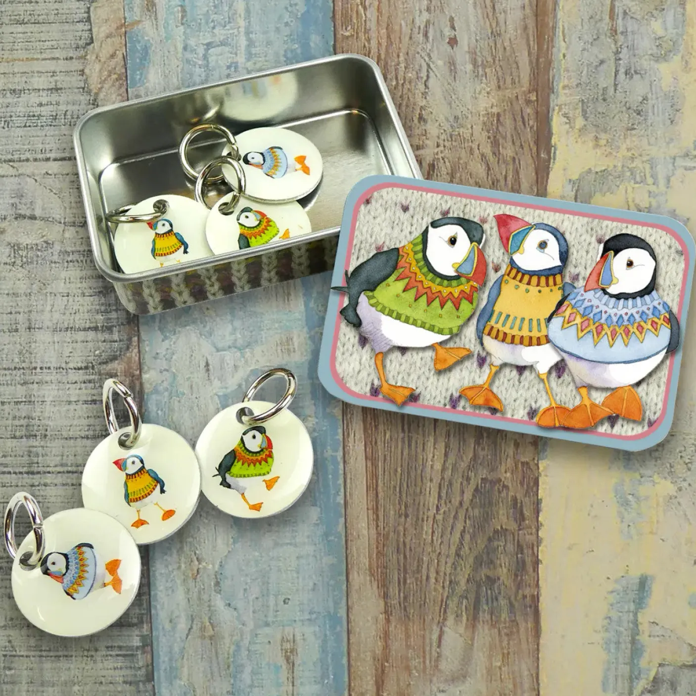 Woolly Puffins Tin and  Set of 6 Stitch Markers