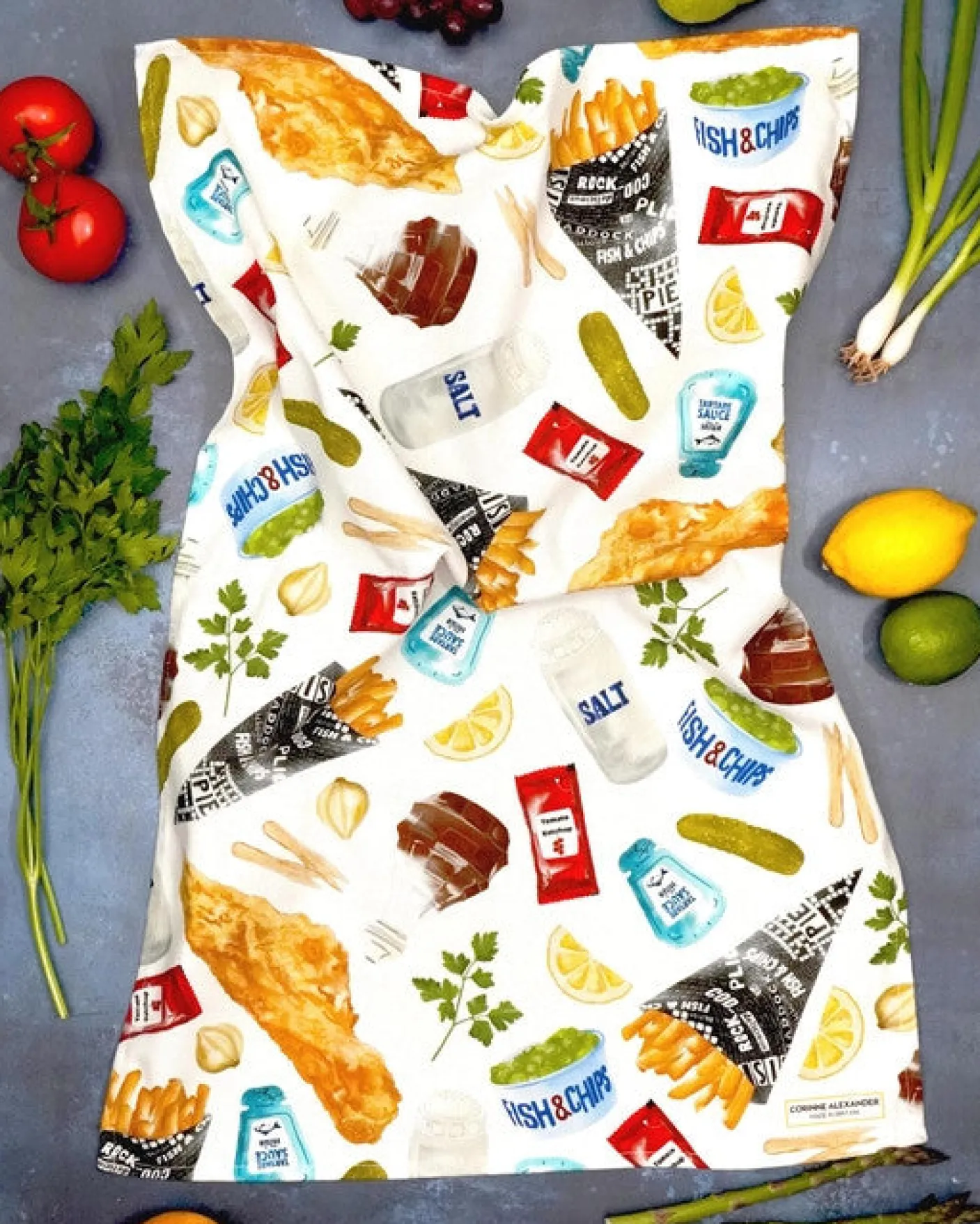 Fish & Chip Tea Towel by Corinne Alexander