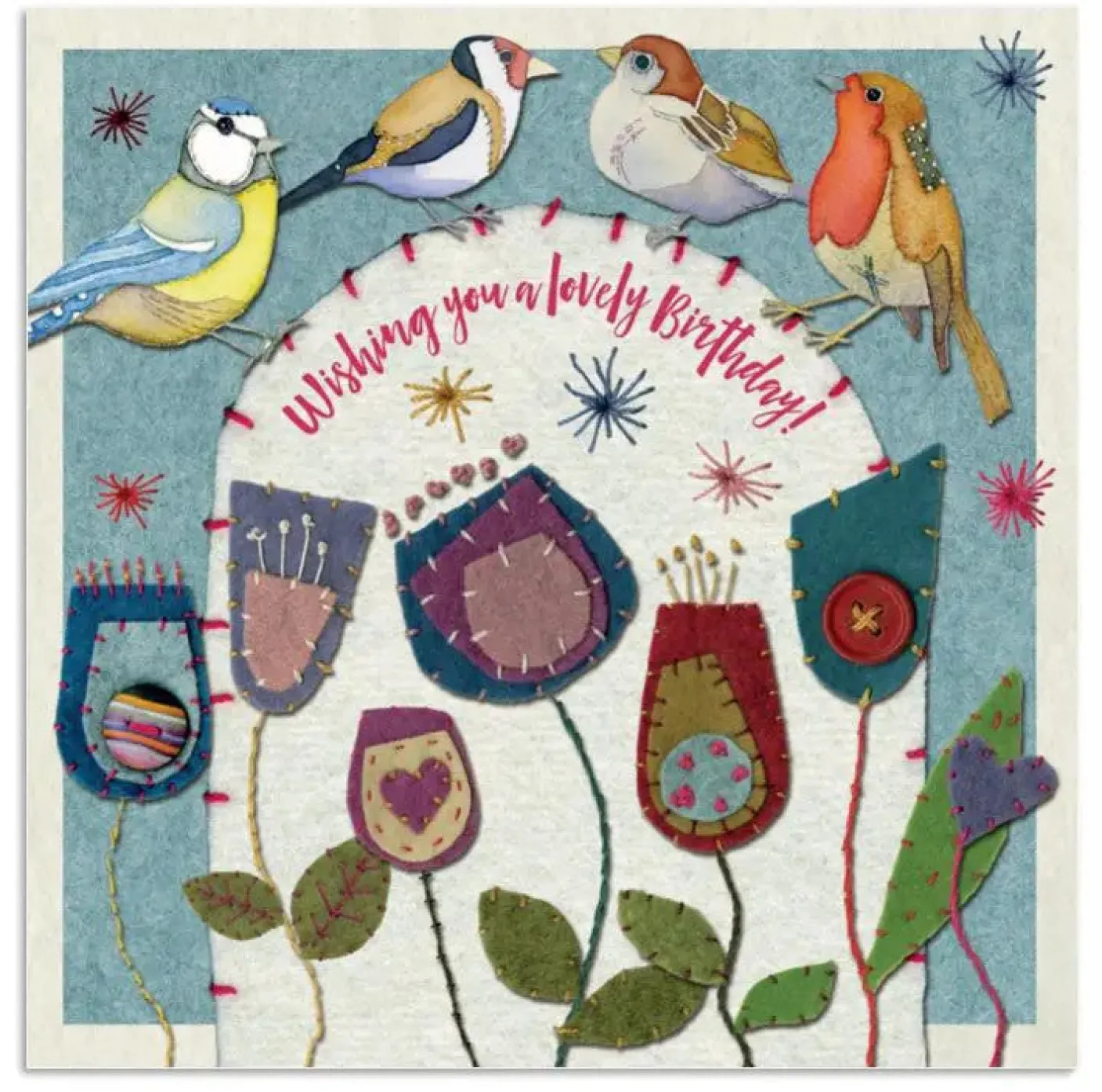 Stitched Birdies Lovely Birthday Greetings Card