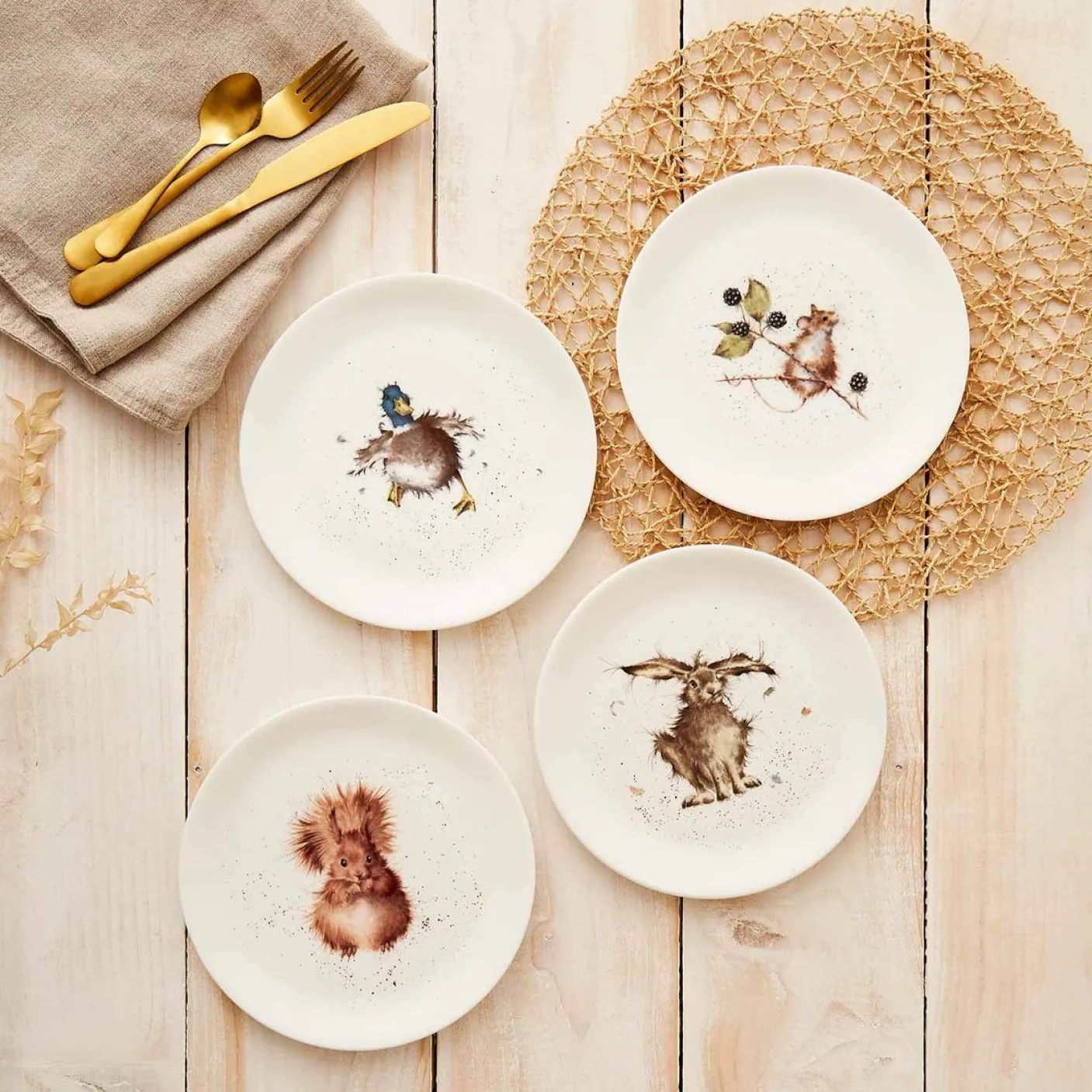 Set of Four 8 Inch Coupe Plates (Hare, Duck, Mouse, Squirrel)