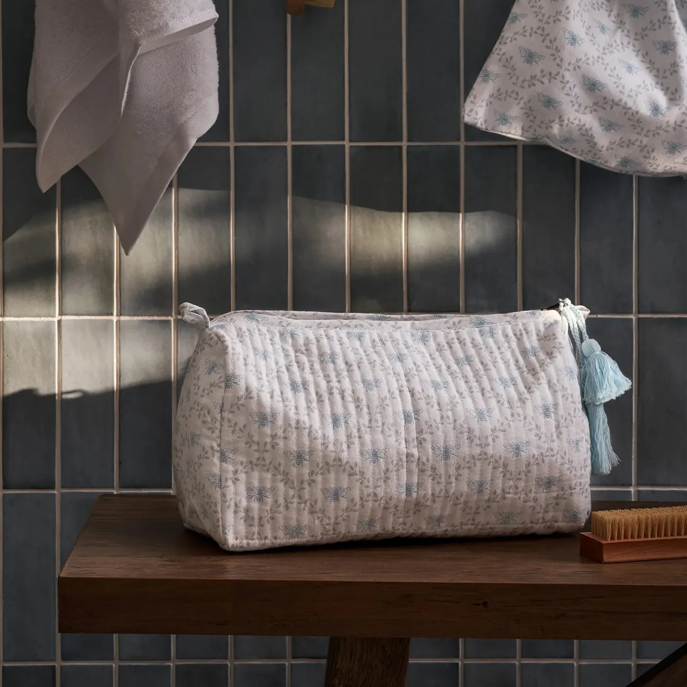 Bees & Leaves Quilted Cotton Wash Bag - Large