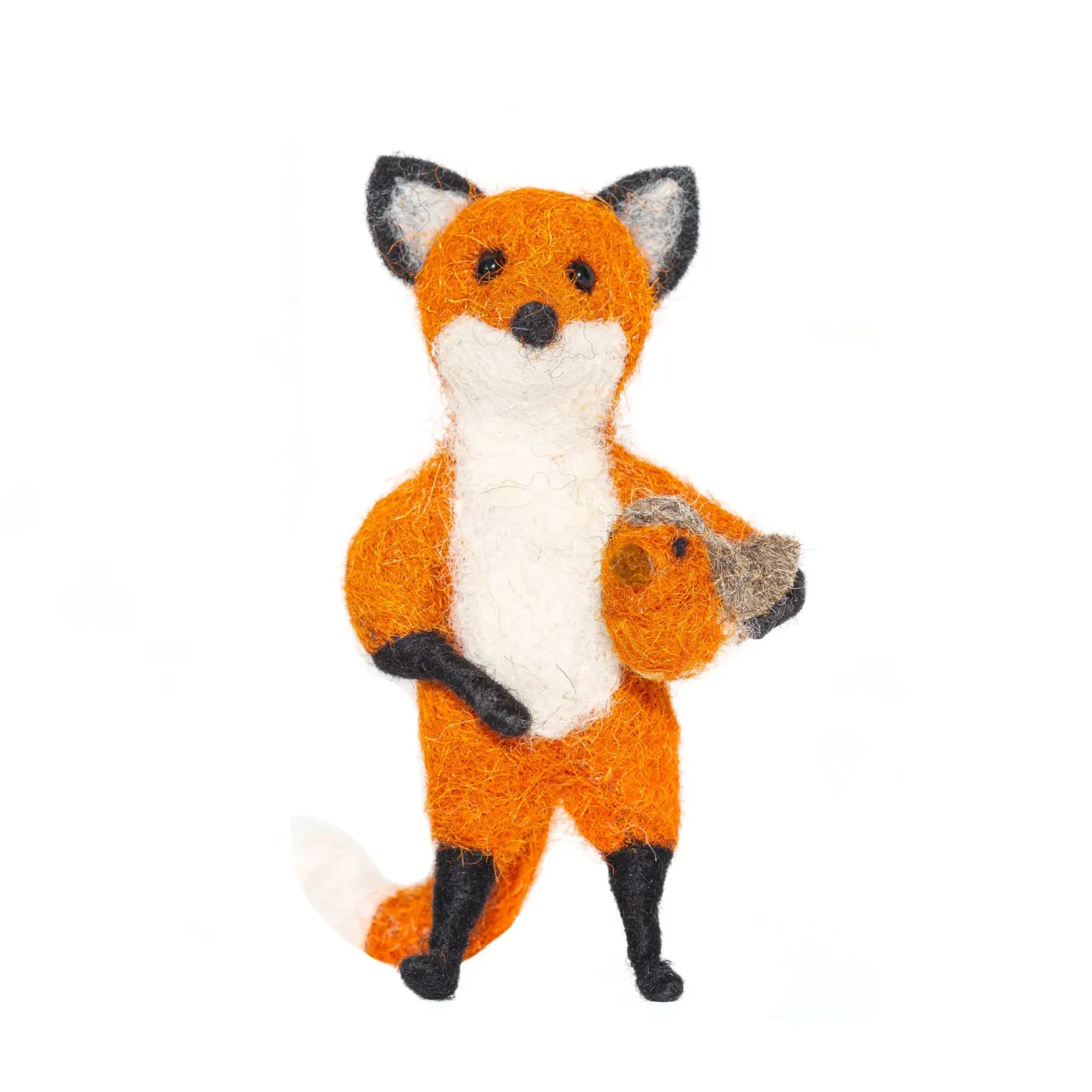Hunter Fox Holding Holding a Robin Felt Decoration
