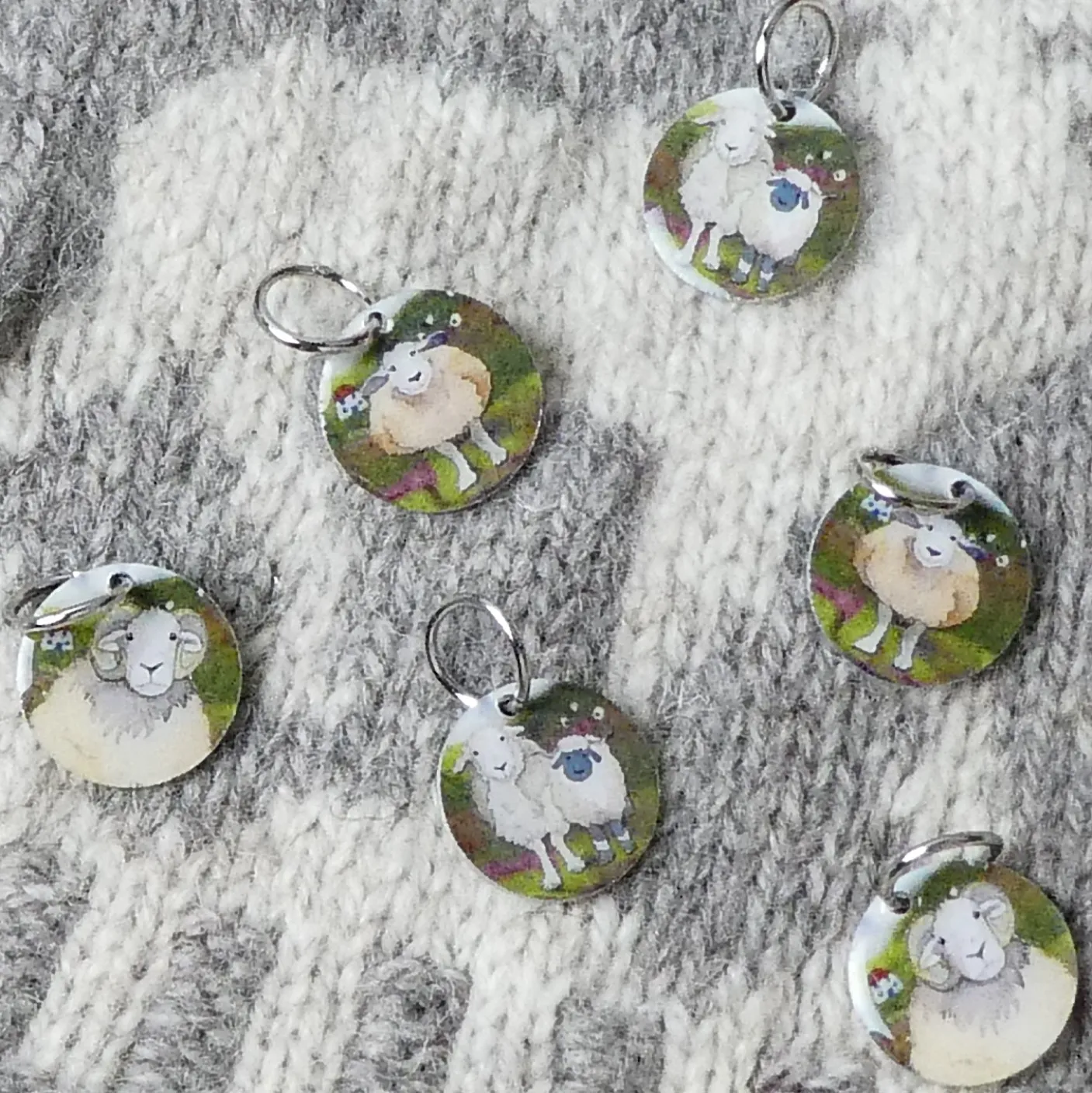 Felted Sheep Set of 6 Stitch Markers in a Pocket Tin