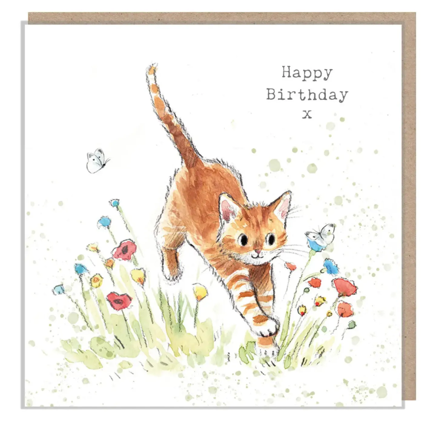 Cat Jumping through Flowers "Happy Birthday" Greetings Card