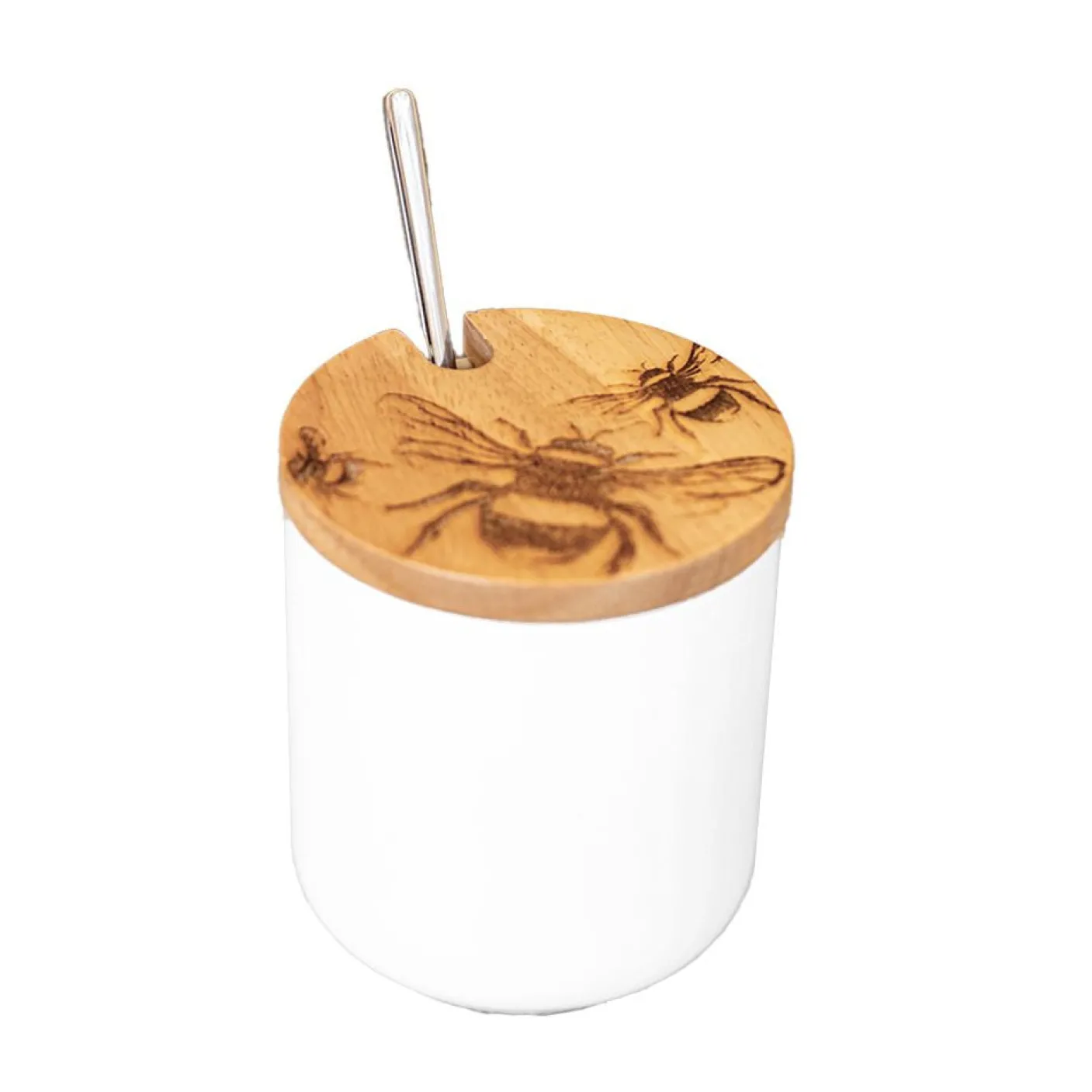 Bee Oak & Ceramic Jar & Spoon Set Dish