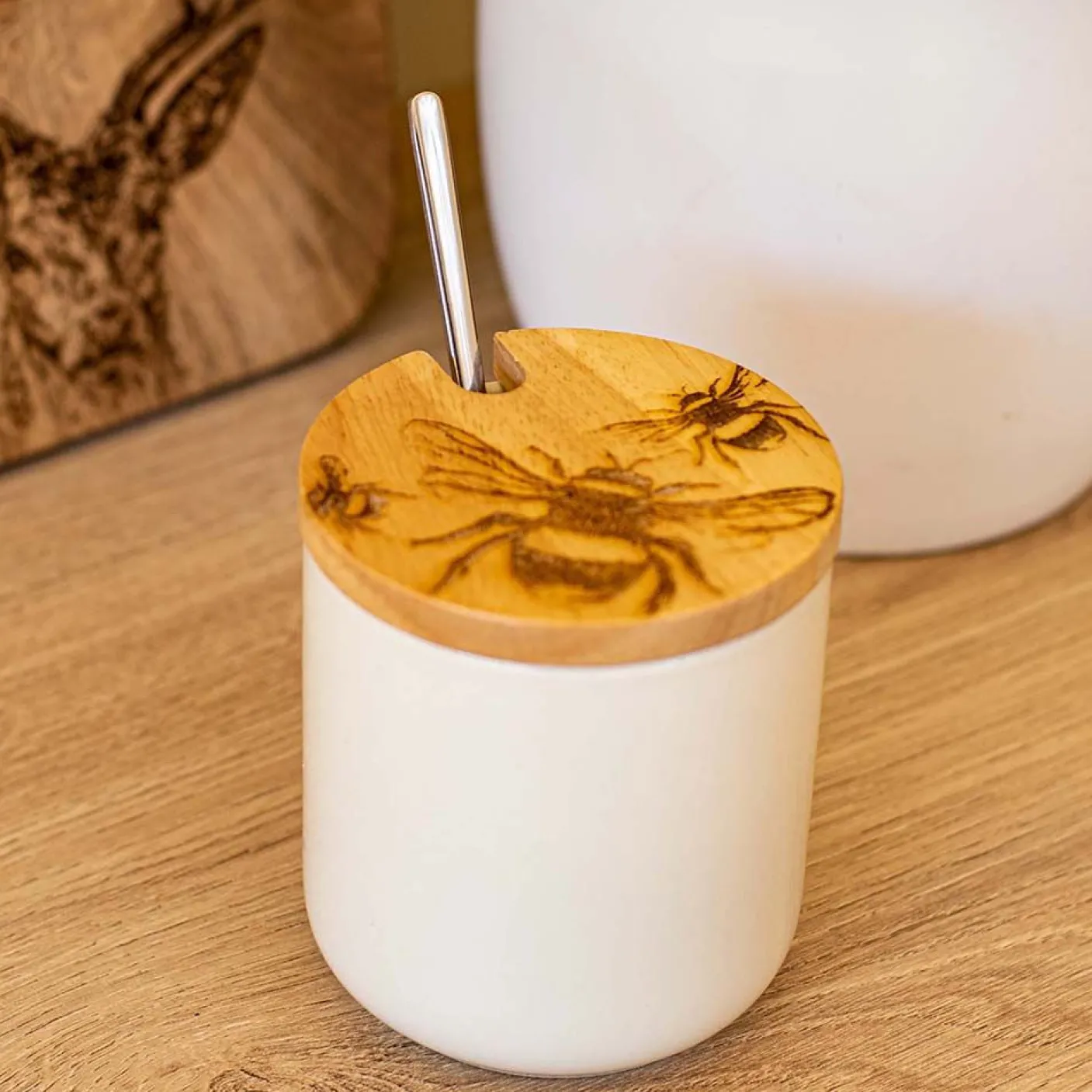 Bee Oak & Ceramic Jar & Spoon Set Dish