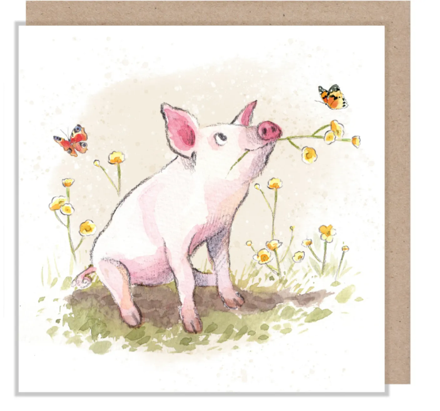 Pig With Flowers Greetings Card