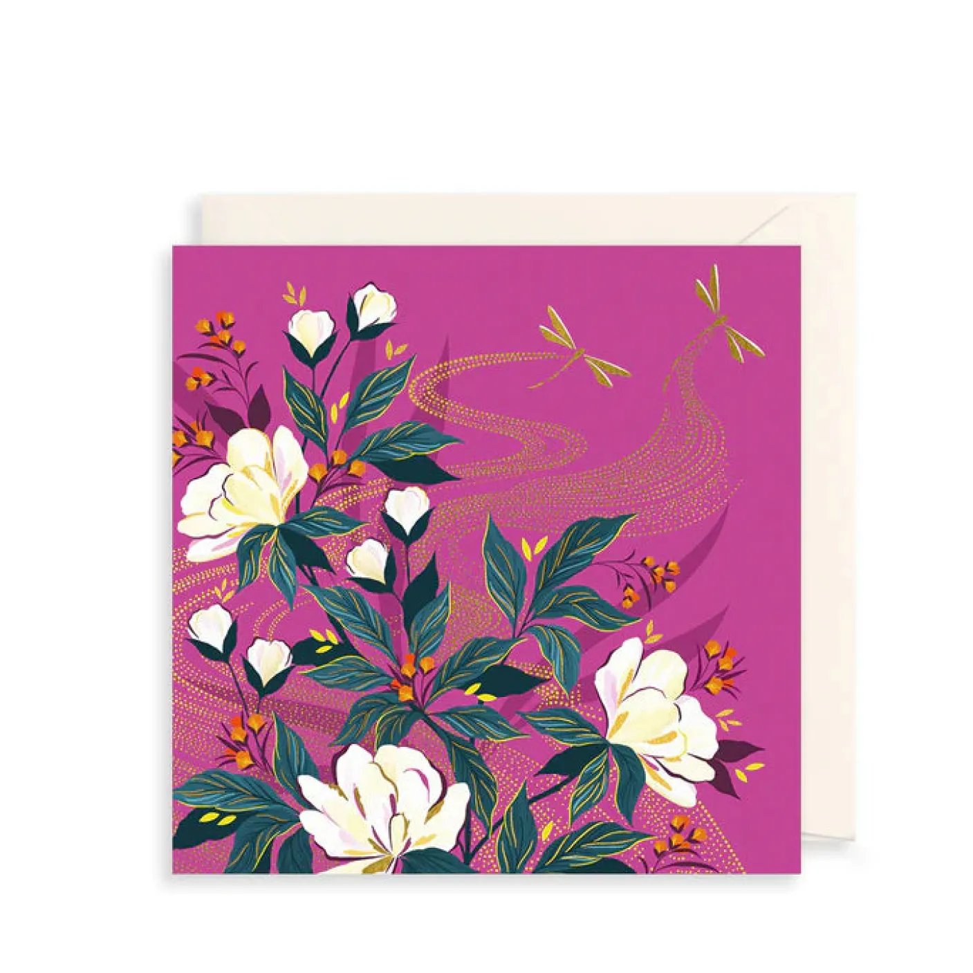 Pink, Floral & Dragonflies Greeting Card by Sara Miller