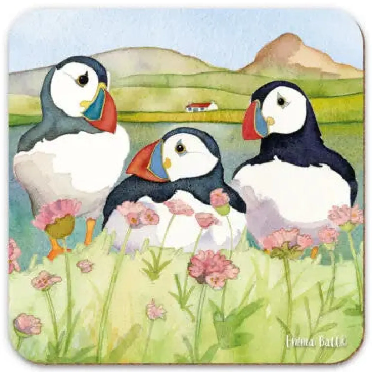 Trio Sea Thrift Puffins 2 Coaster