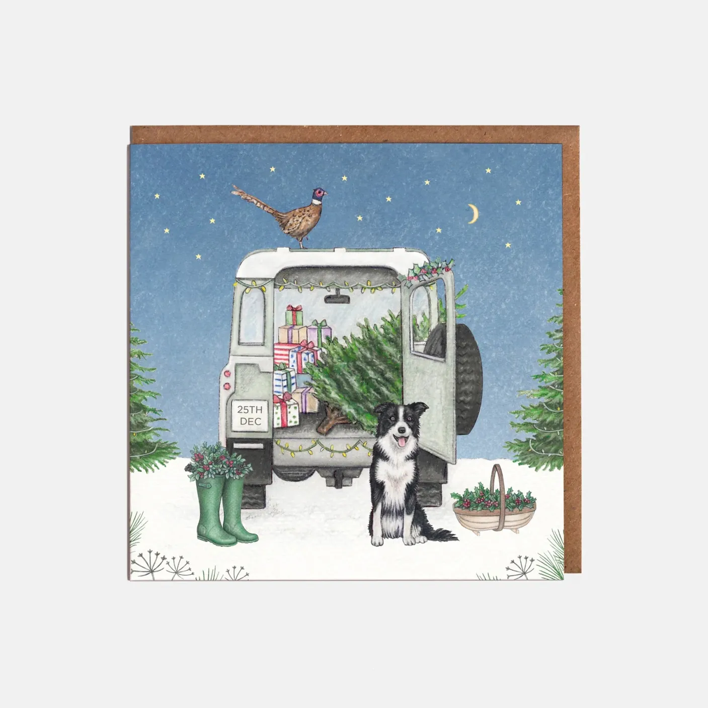 Landrover & Border Collie Dog Christmas Card