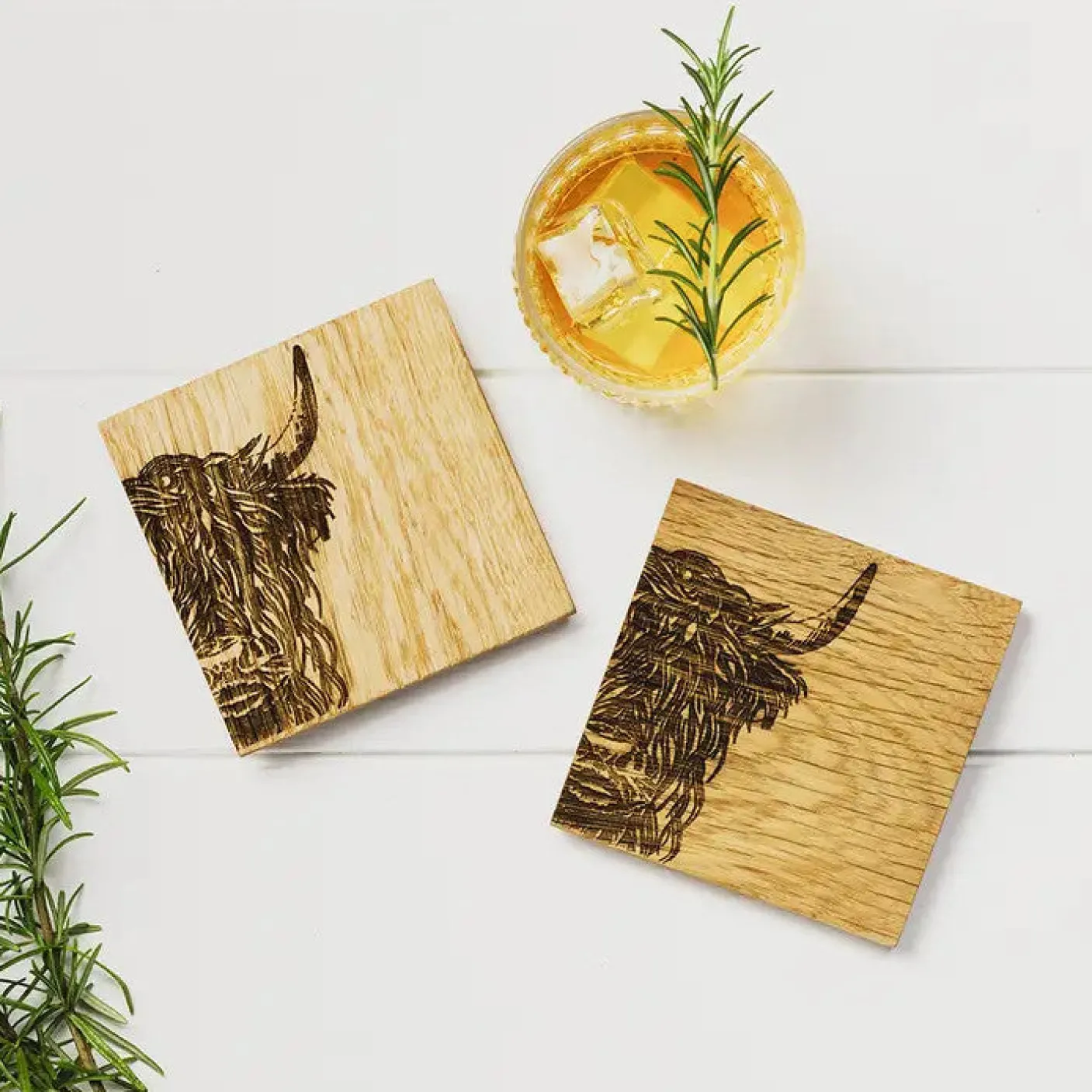 Highland Cow Oak Coasters - Set of 2