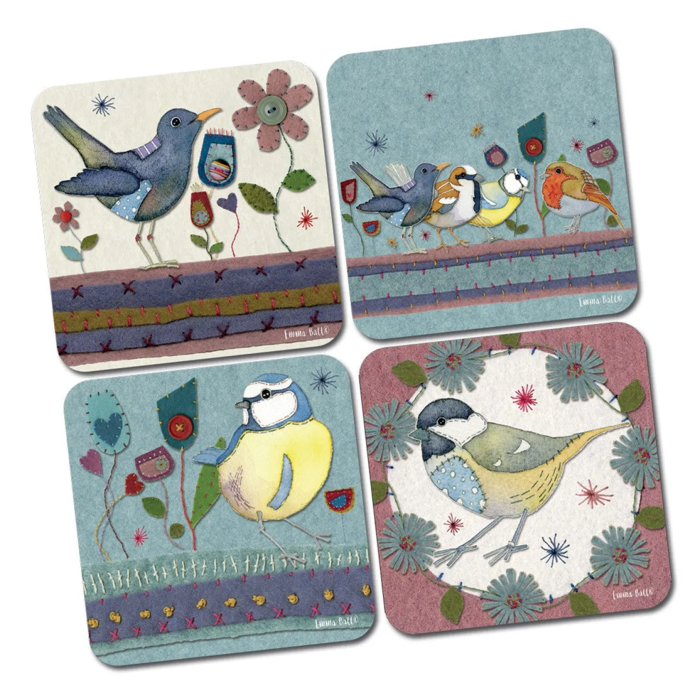 Stitched Birdies Coasters - Set of 4