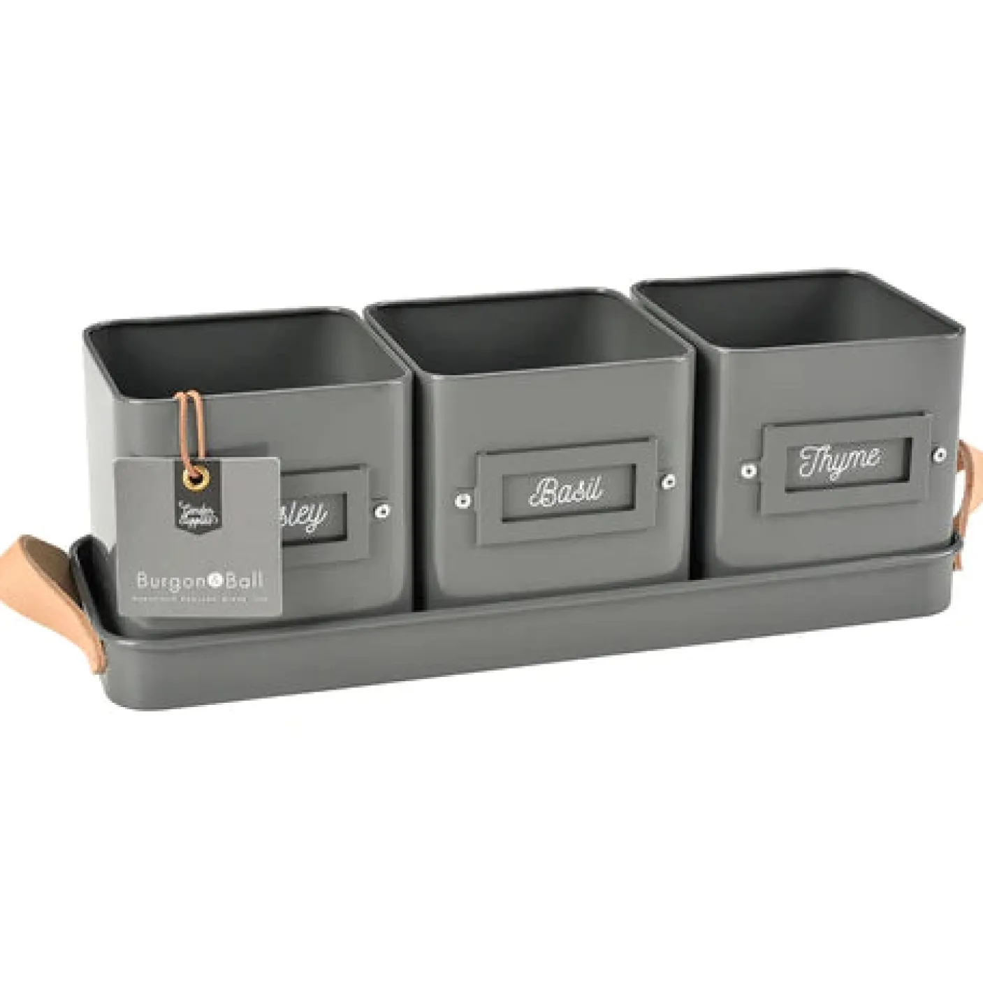 Set of 3 Herb Pots in a Leather Handled Tray - Grey